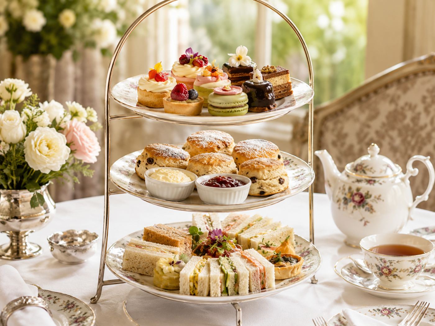 A full afternoon tea on a three-tier stand