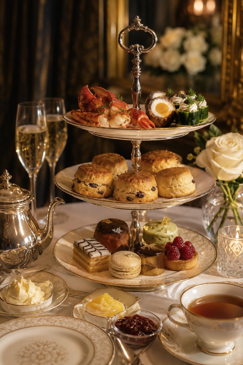 Opulent afternoon tea still life with silver and fine china