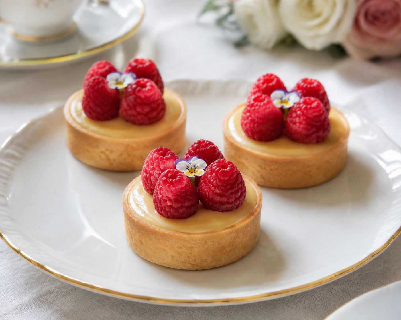 Raspberry tartlets on fine china