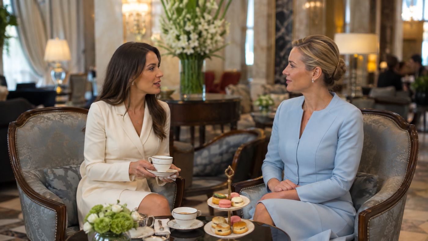 Two guests in conversation over tea