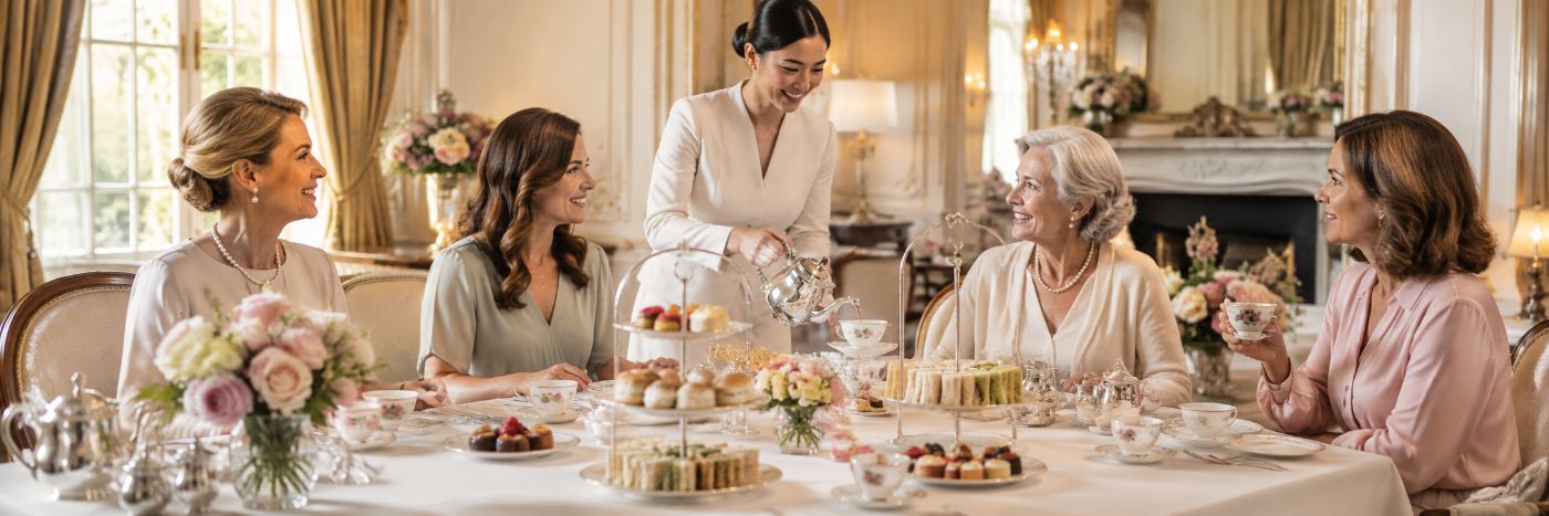 Guests taking afternoon tea in an elegant drawing room