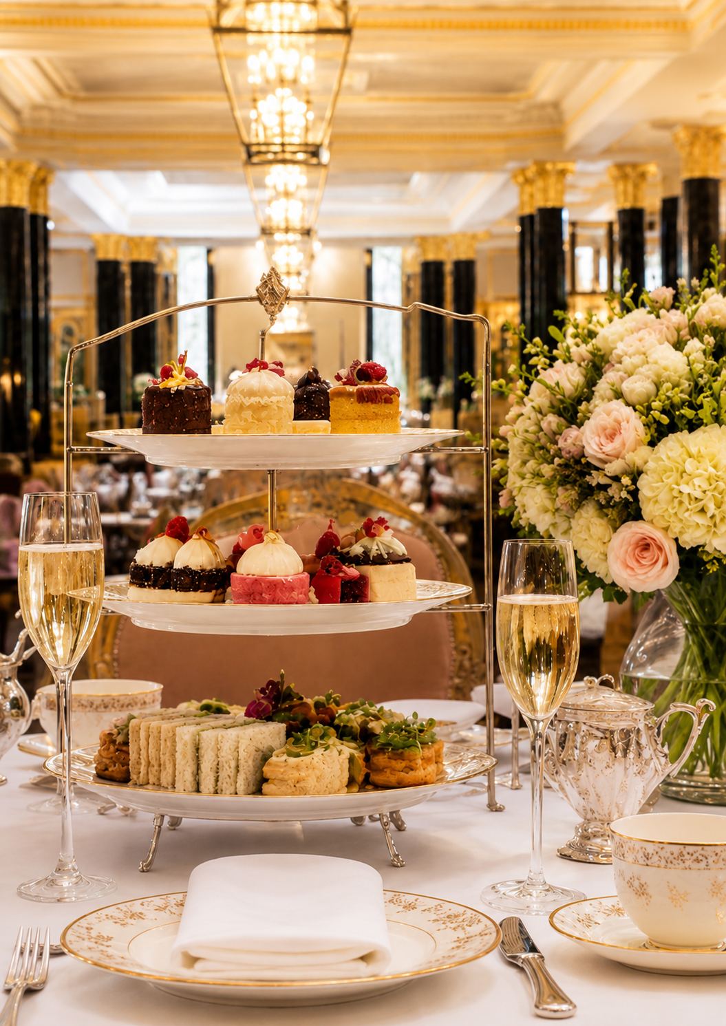 Afternoon tea served in a luxury hotel tea lounge