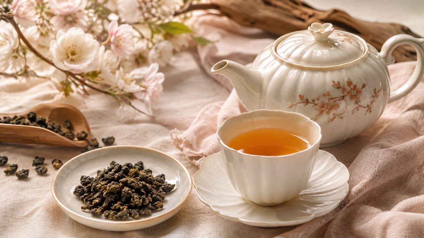 Oolong leaf and porcelain cup
